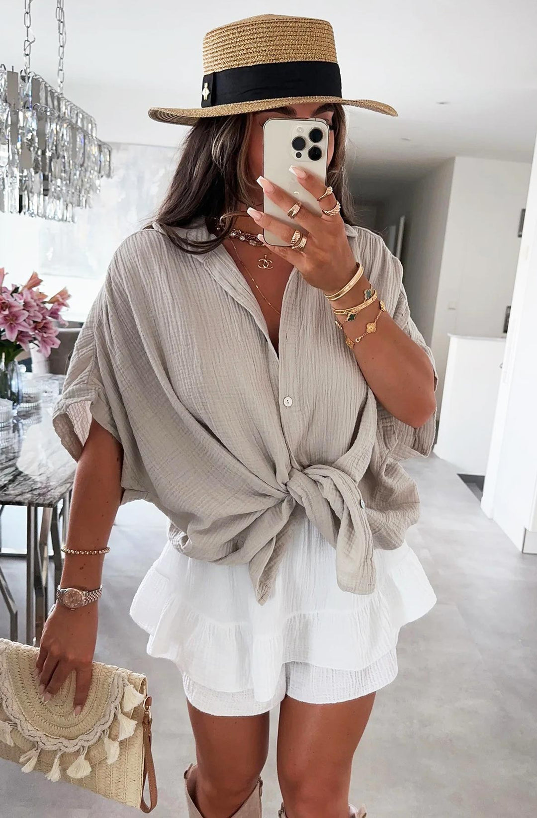 Julie Oversized Blouse Shirt Top-Stone