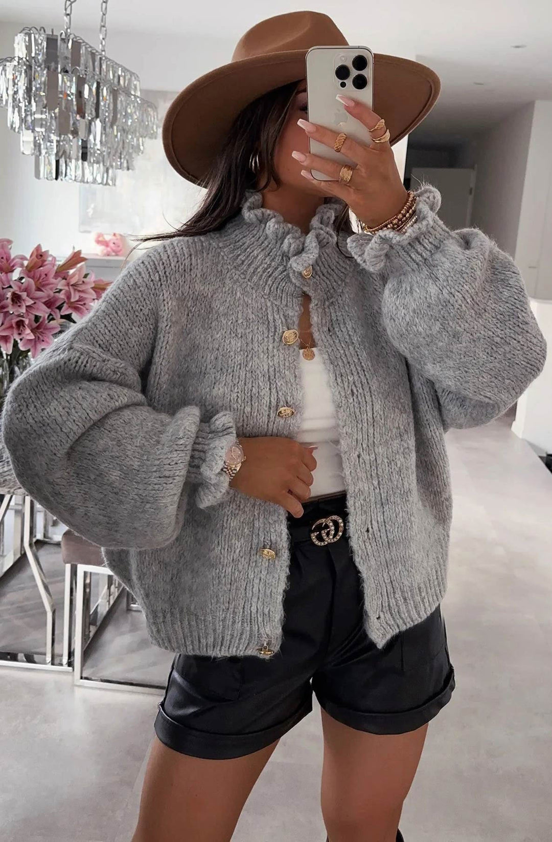 Kassie Oversized Frill Knitted Cardigan-Grey