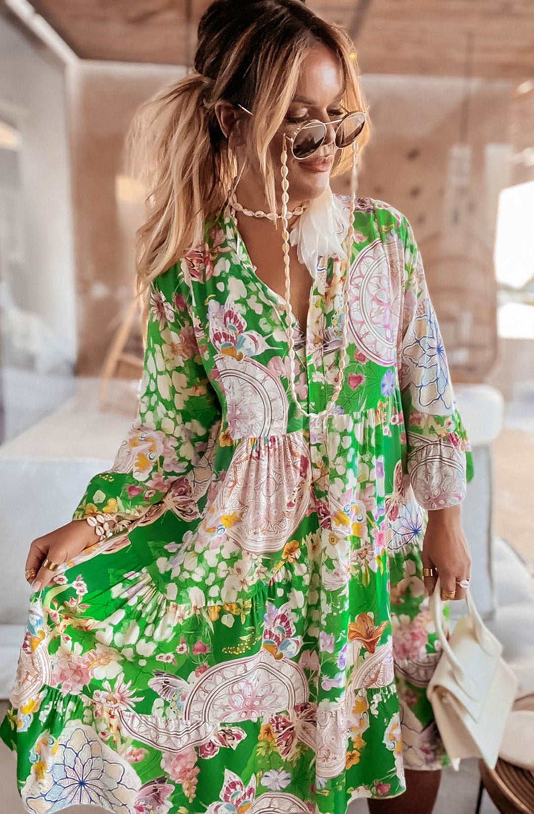 Kira Oversized Abstract Floral Tunic Dress-Green