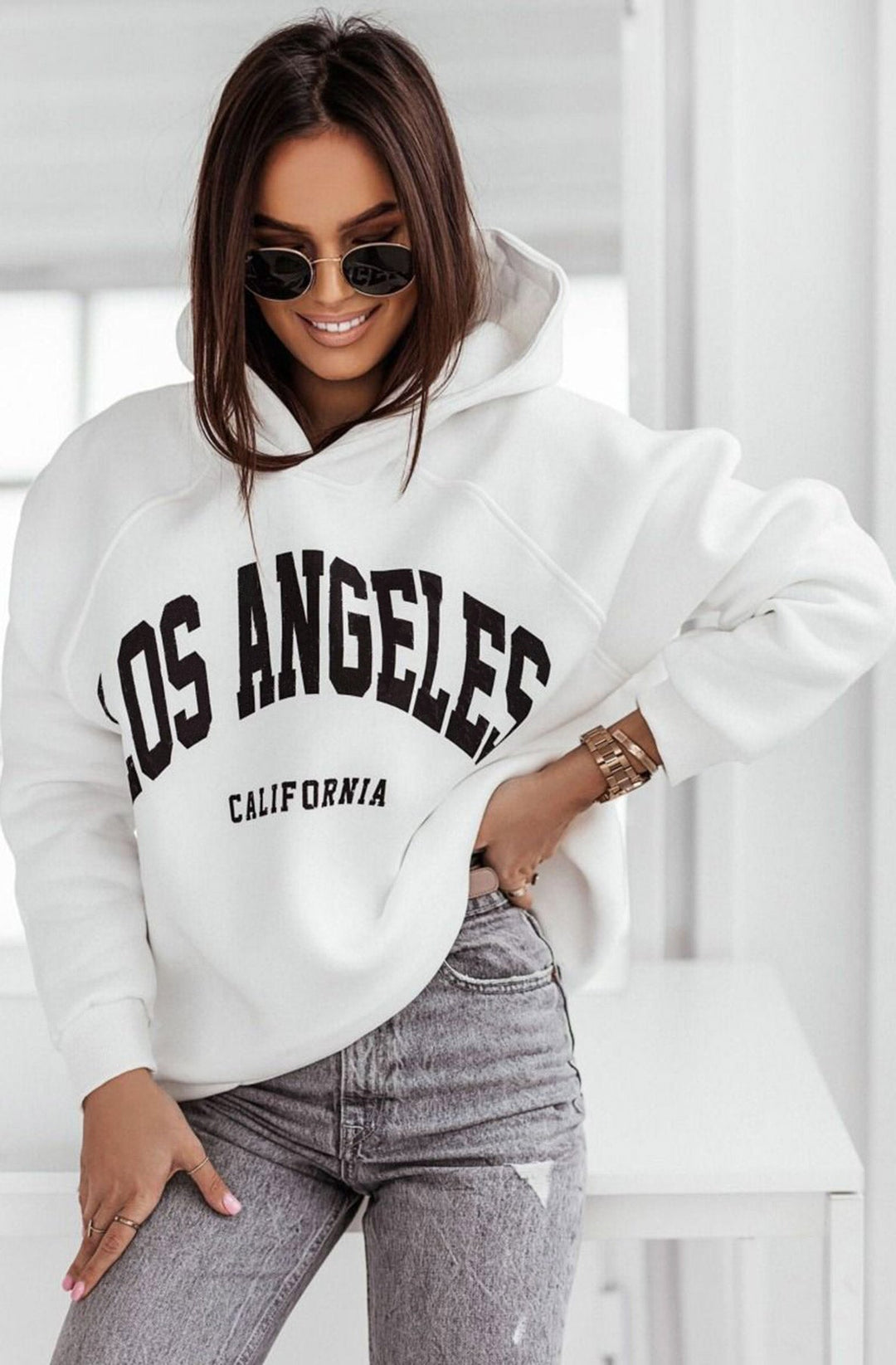 'LA California' Printed Oversized Hooded Jumper Top-Ivory