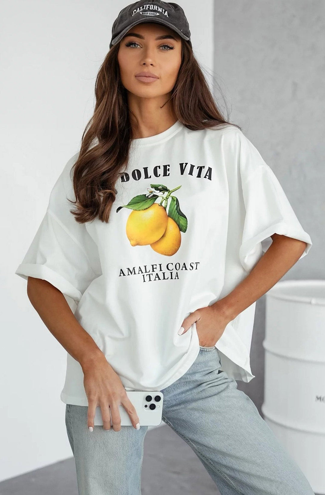 'La Dolce Vita-Amalfi Coast Italia' Graphic Lemon T. Shirt Top-Ivory