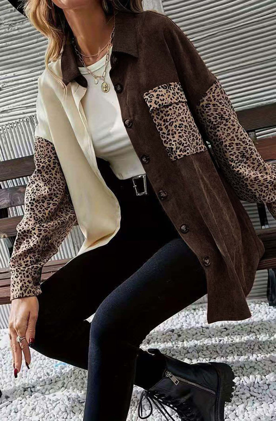 Laurel Corduroy Leopard Patchwork Oversized Shirt Jacket-Brown