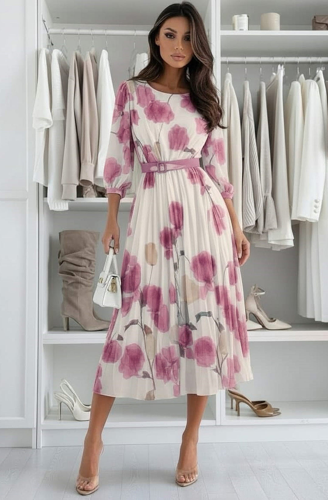 Lilian Floral Pleated Belted Chiffon Maxi Dress-Mauve