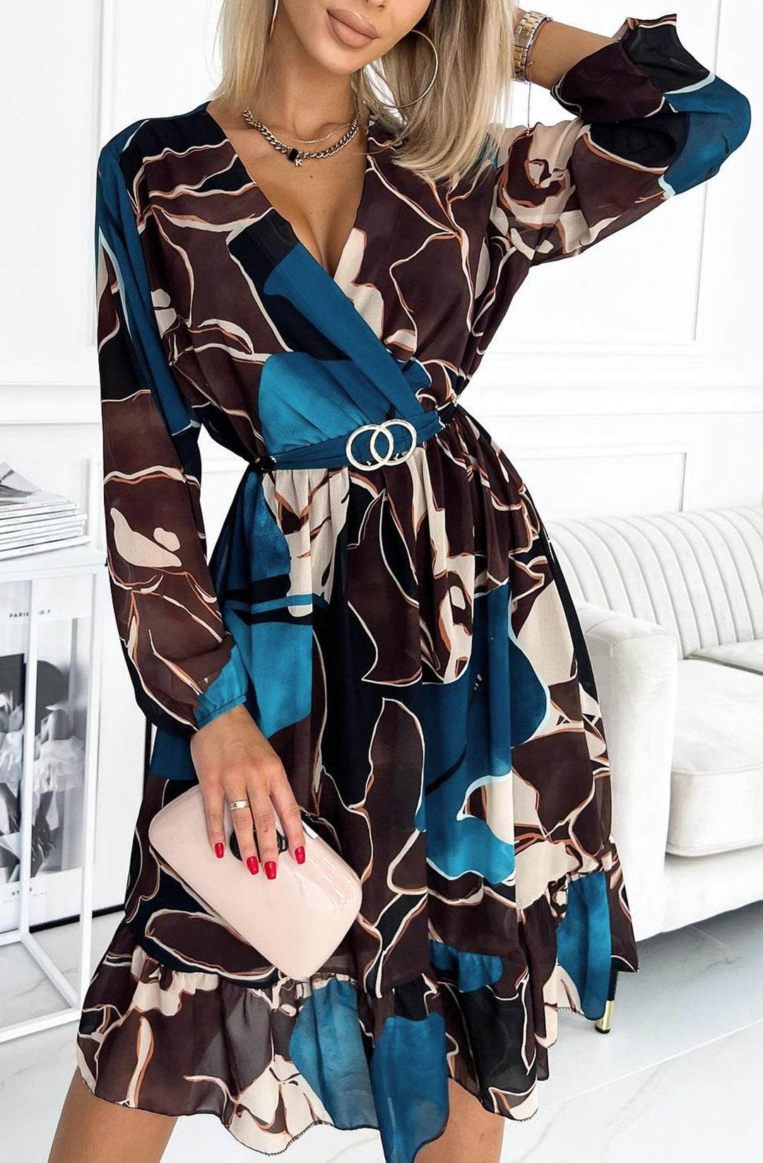 Liza Abstract Floral Chiffon Overlay Frill Dress-Dark Brown