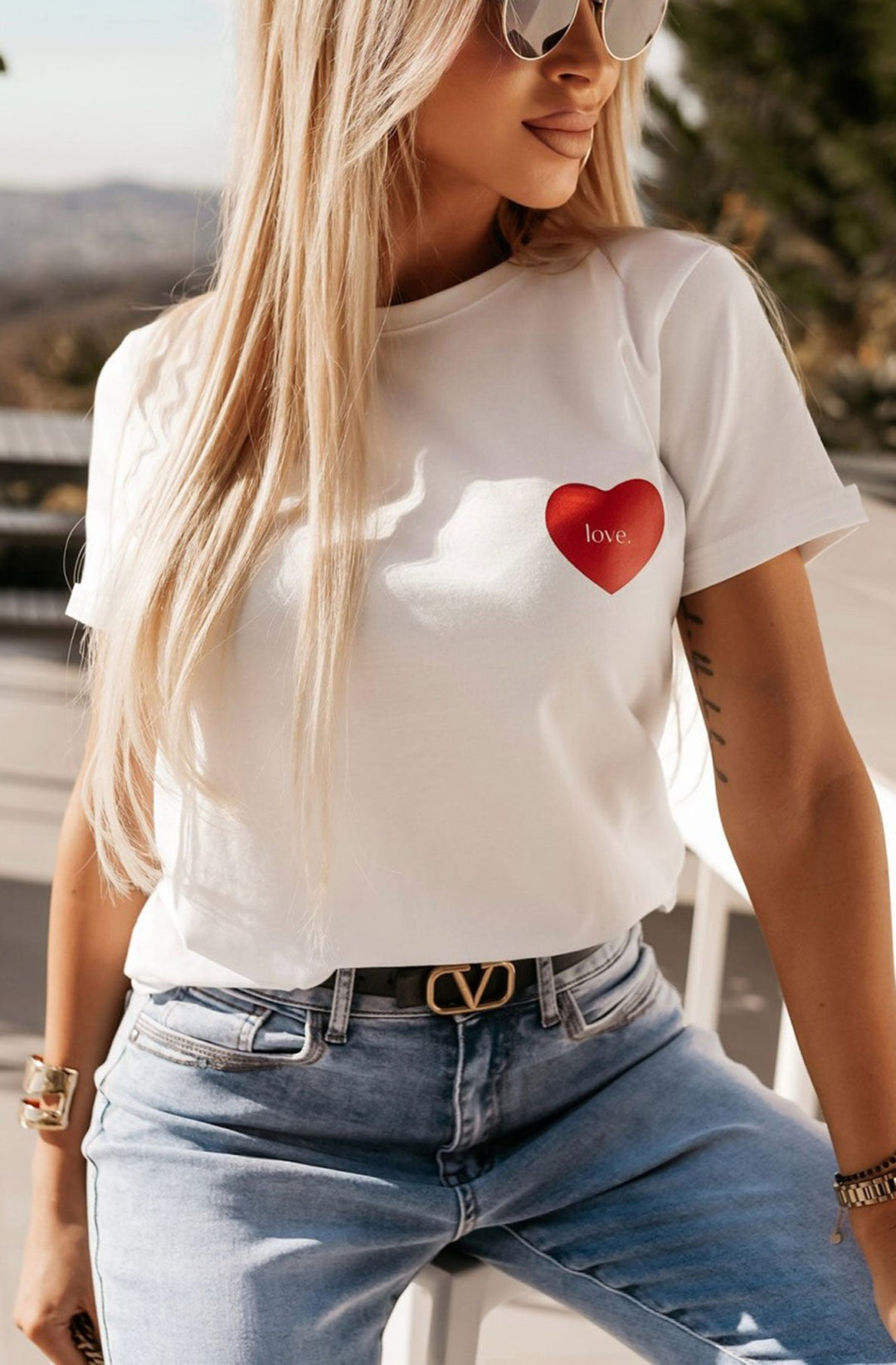 'Love' Heart Printed T-shirt Top-Ivory