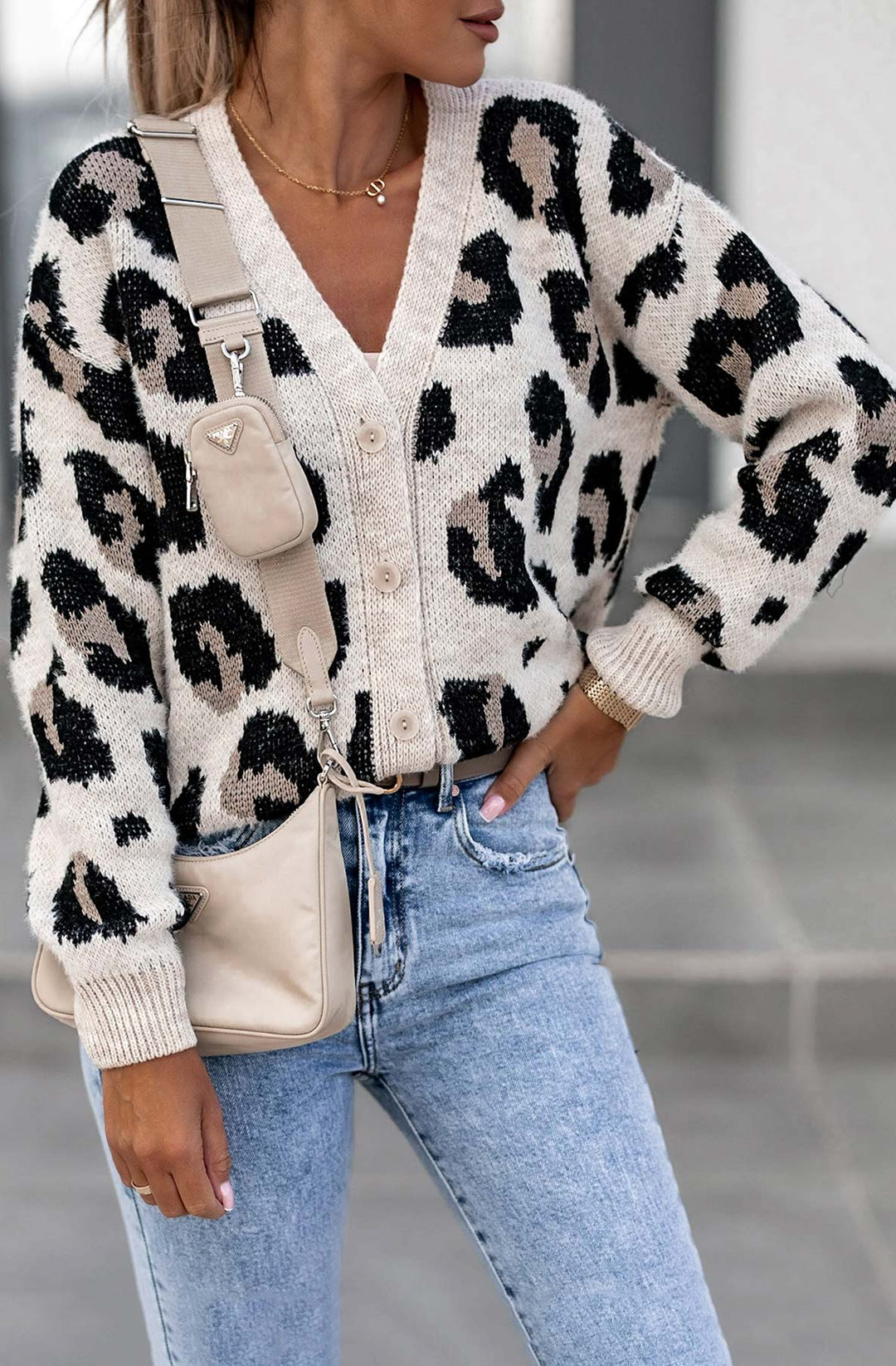 Lynda Leopard Print Knitted Cardigan-Stone