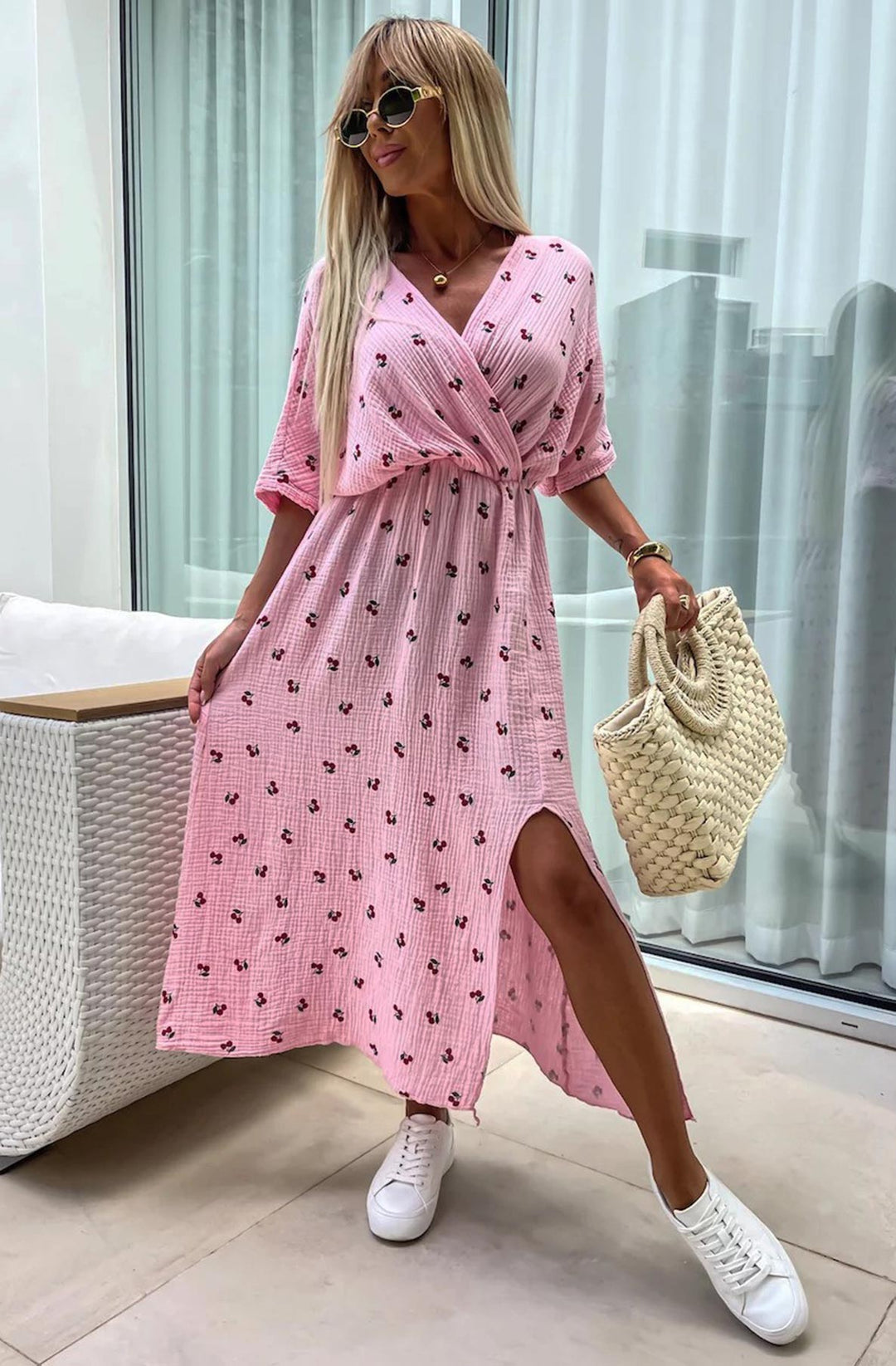 Lynn 'Cherry' Front Wrap Side Slit Midaxi Dress-Pink