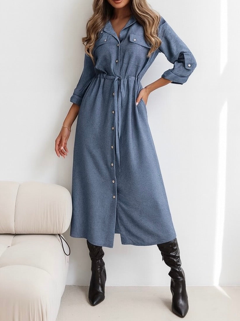 Lysandrae Long-Sleeve Shirt Midi Dress-Blue