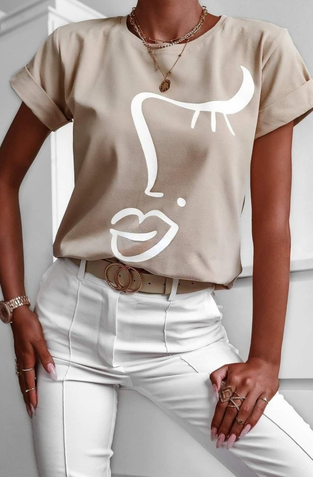 Madonna Face Abstract Print T-Shirt-Stone