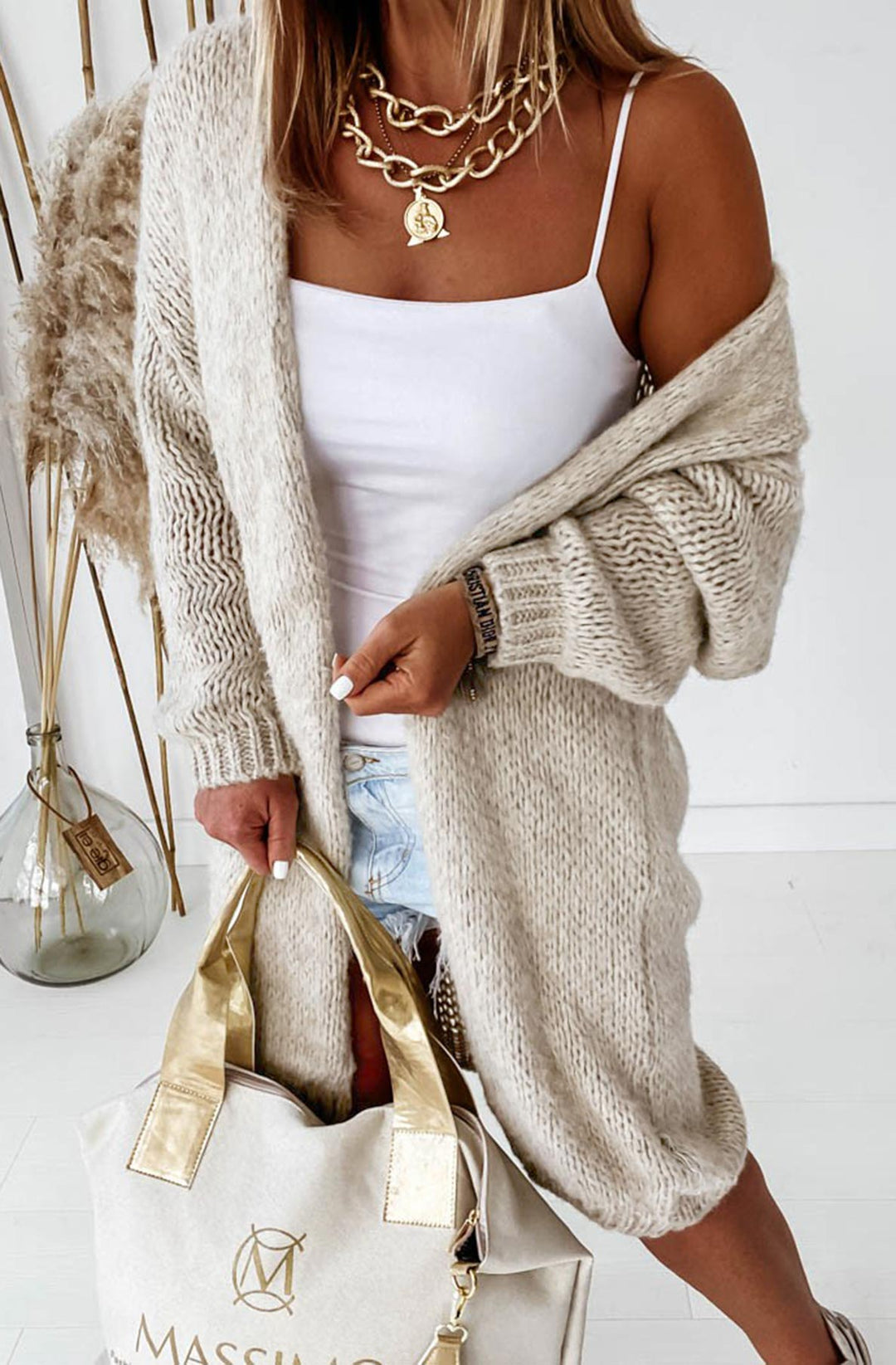 Marcia Longline Knitted Cardigan-Stone