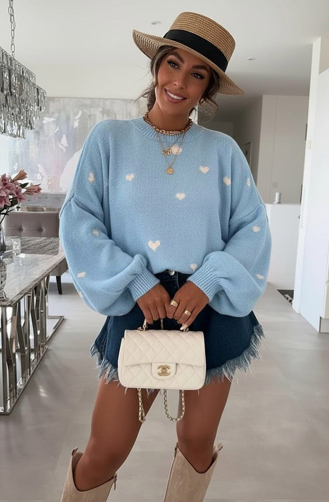 Merika 'Heart' Printed Knitted Jumper Sweater-Blue