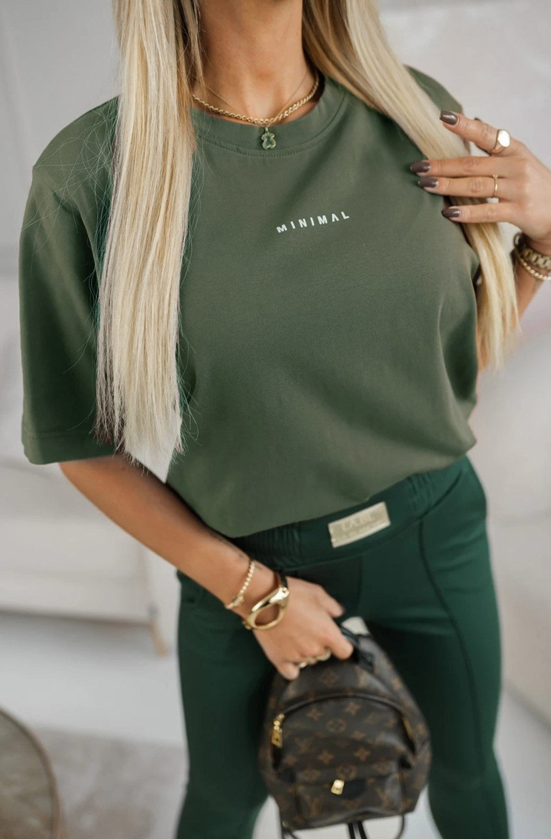 'Minimal' Graphic Print Oversized T-Shirt-Khaki