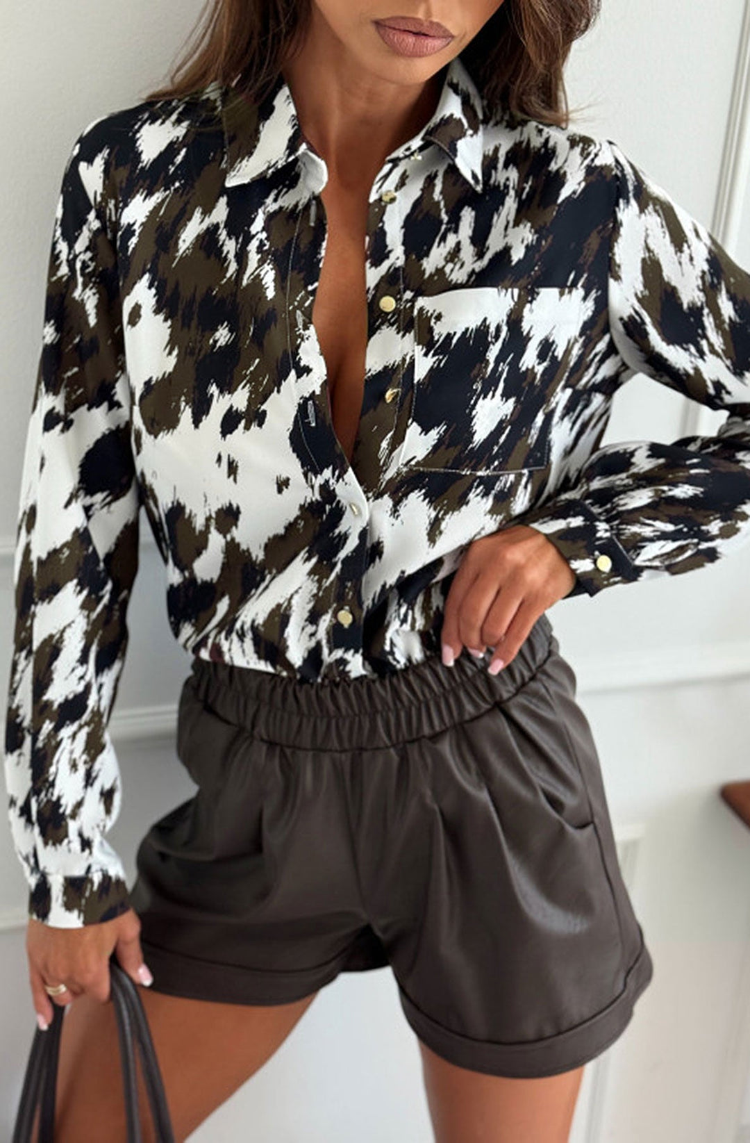 Nerine Abstarct Print Button Shirt Blouse-Ivory