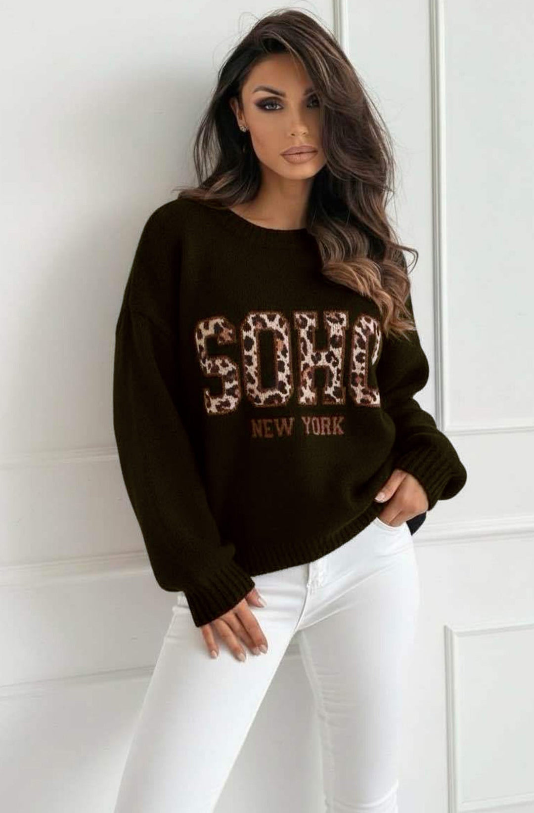 Nixi “Soho NY” Animal Graphic Knit Sweater Jumper-Dark Brown