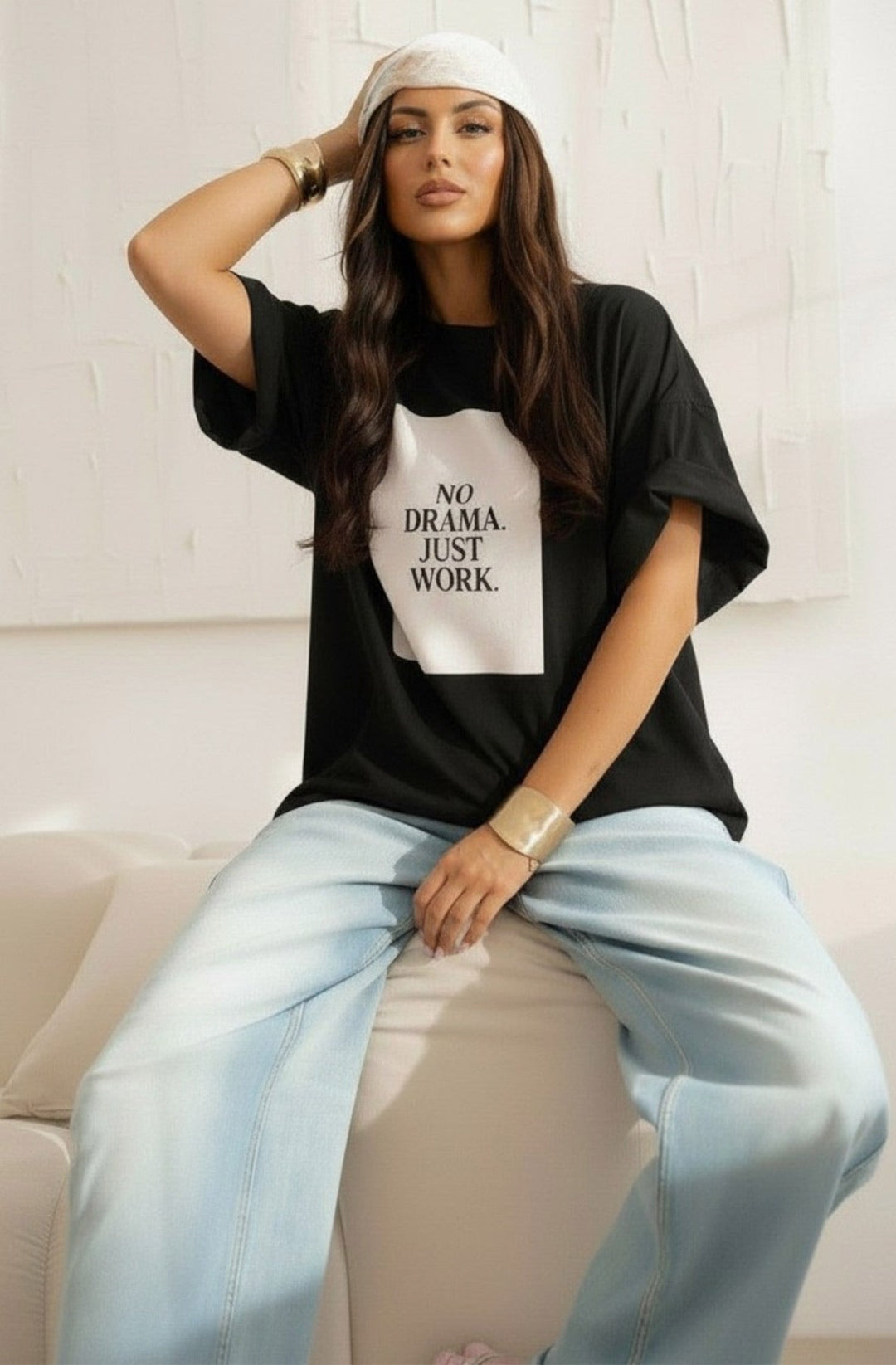'NO DRAMA JUST WORK' Oversized Graphic Print T-Shirt Top-Black