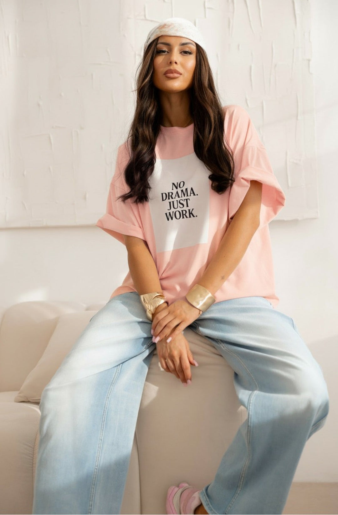 'NO DRAMA JUST WORK' Oversized Graphic Print T-Shirt Top-Peach