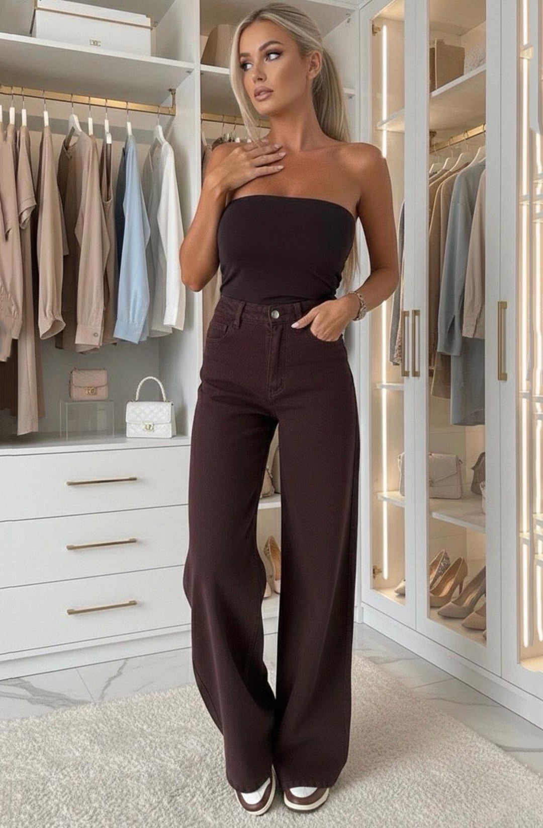 Nolie High Waisted Wide Leg Denim Jeans-Brown