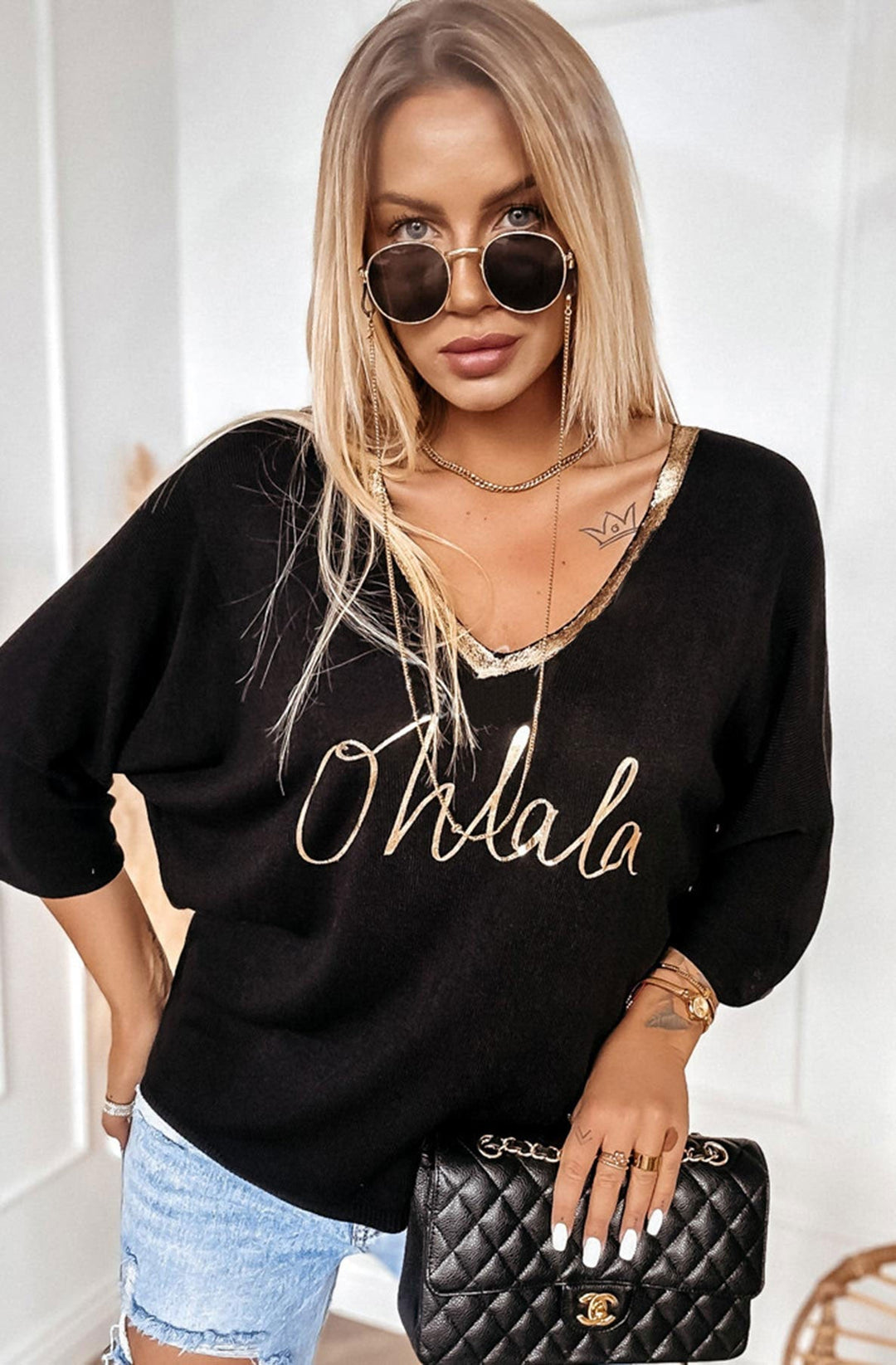 'Oh La La' Metallic Printed Light Knitted Top-Black