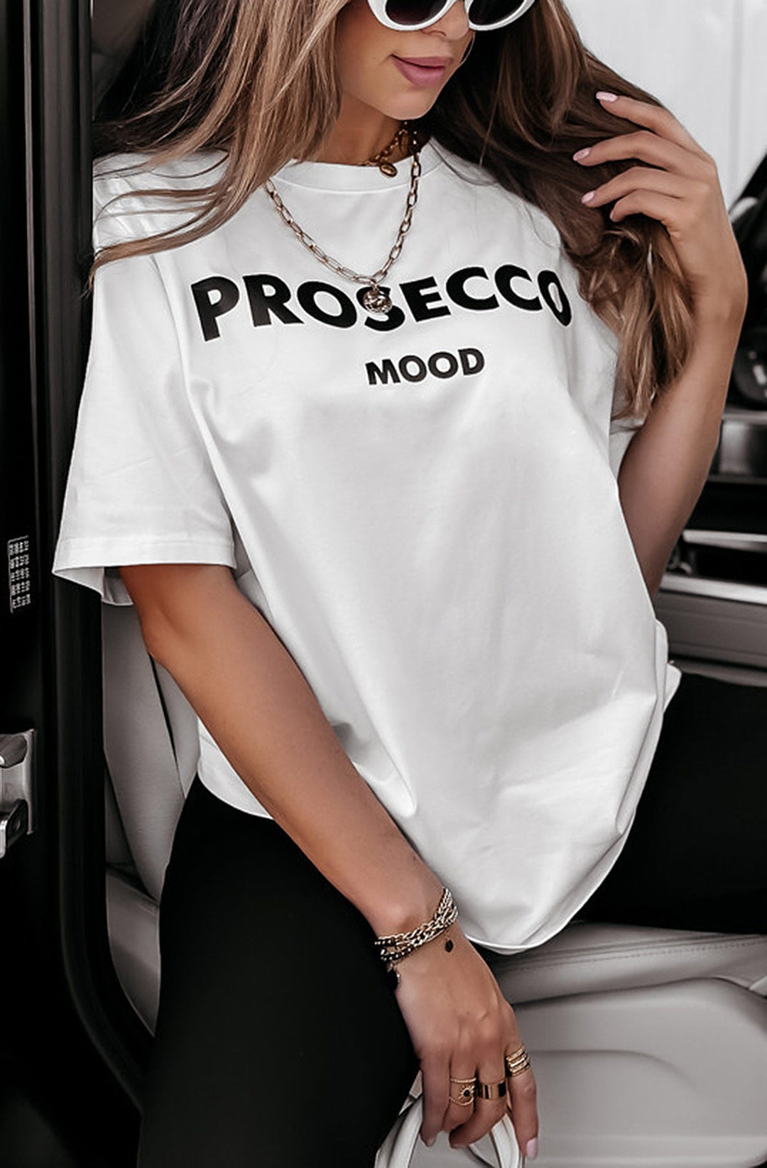 'Prosecco' Mood Printed Oversized T-shirt Top-Ivory