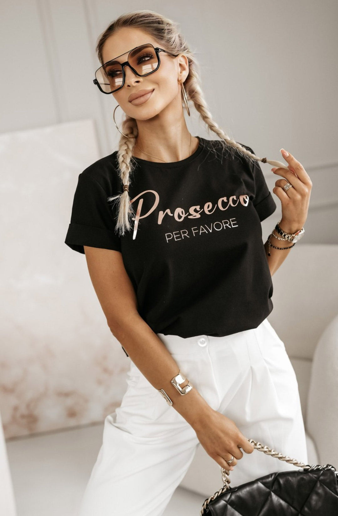 'Prosecco Per Favore' Graphic Printed T. Shirt Top-Black