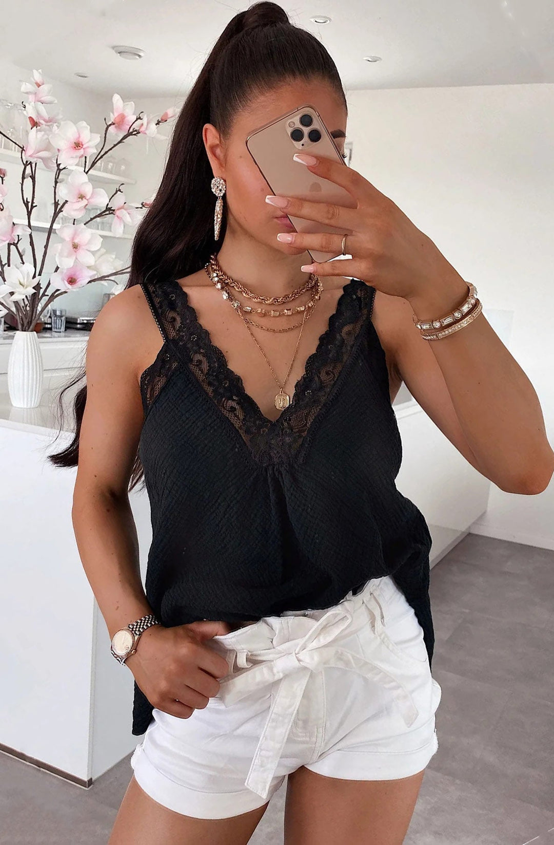 Ruby Cotton Gauze Style Delicate Lace Camisole Vest Top-Black
