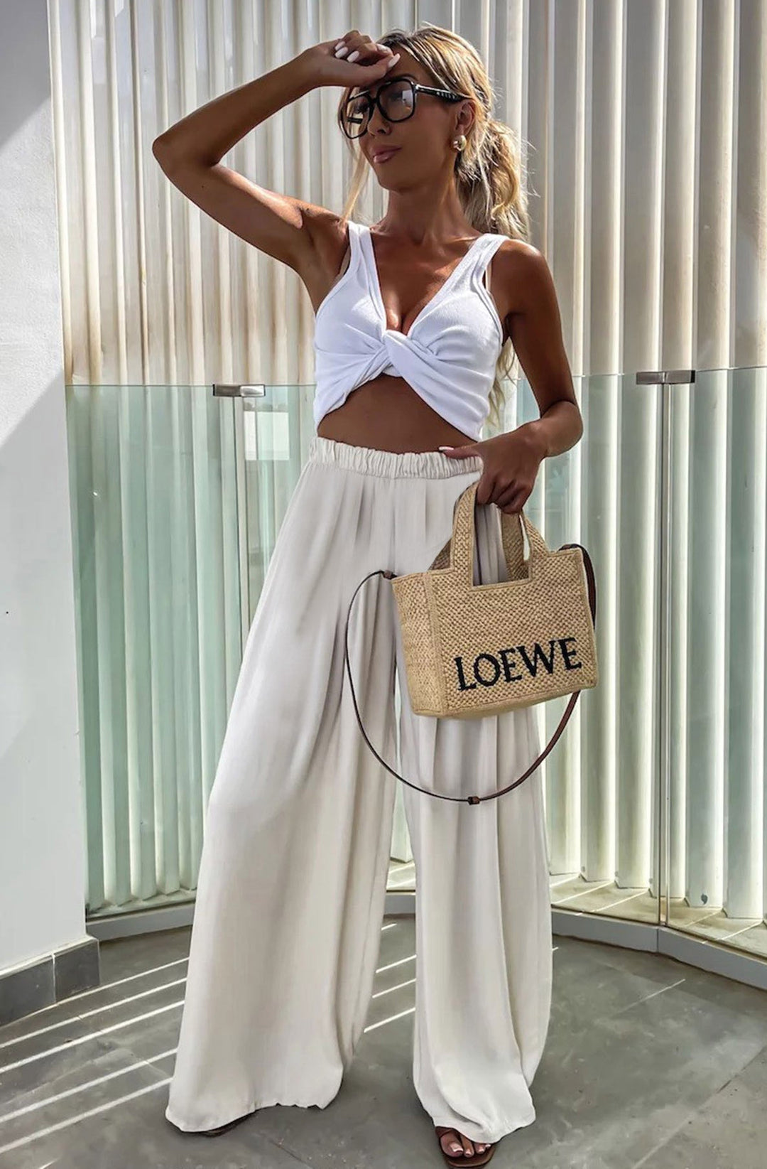 Sandie Satin Style Wide Leg Trousers-Stone