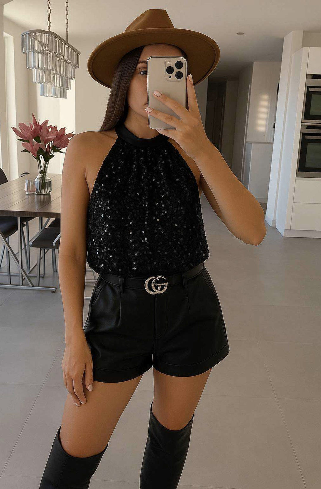 Saphira Sequin Tie Back Halter Top-Black