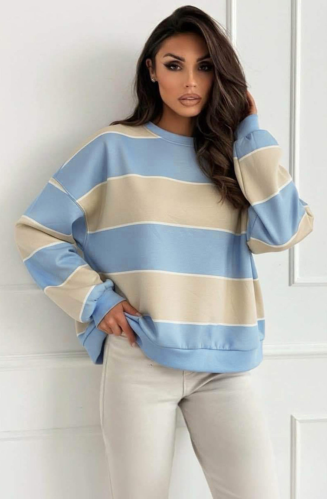 Savi Stripe Oversized Sweatshirt Top-Blue