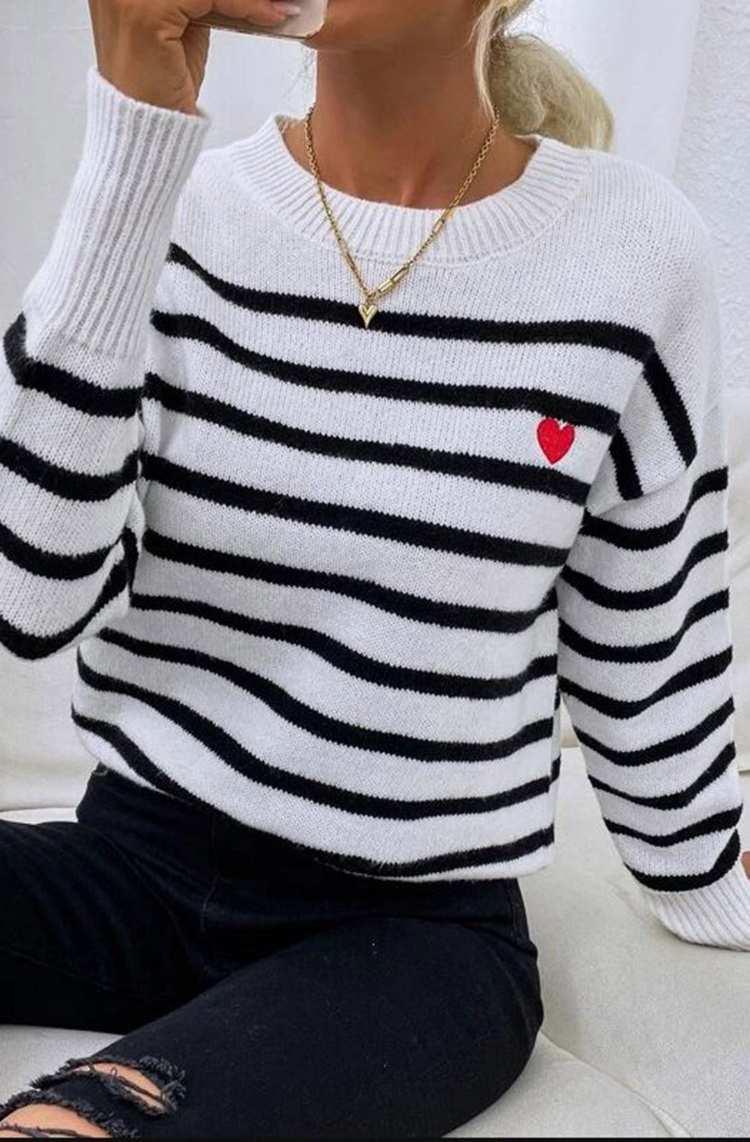 Sharika Striped Print Heart Knitted Jumper Top-Ivory