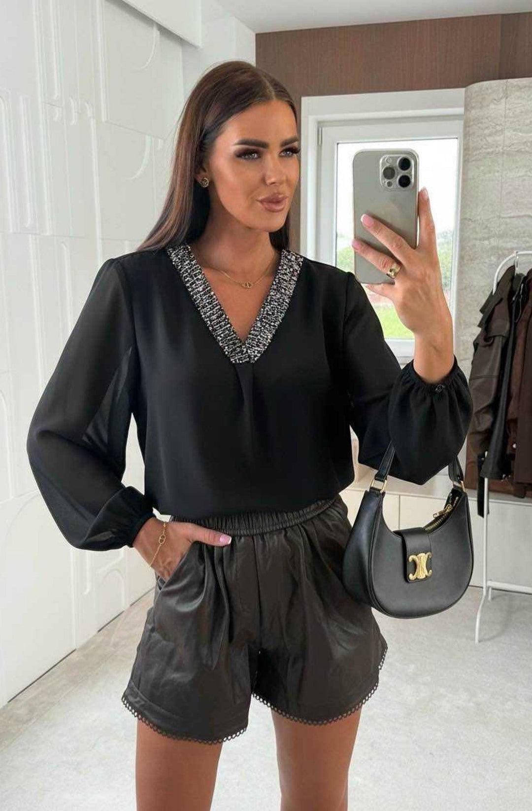 Suri Sequin V-Neck Blouse Shirt Top-Black