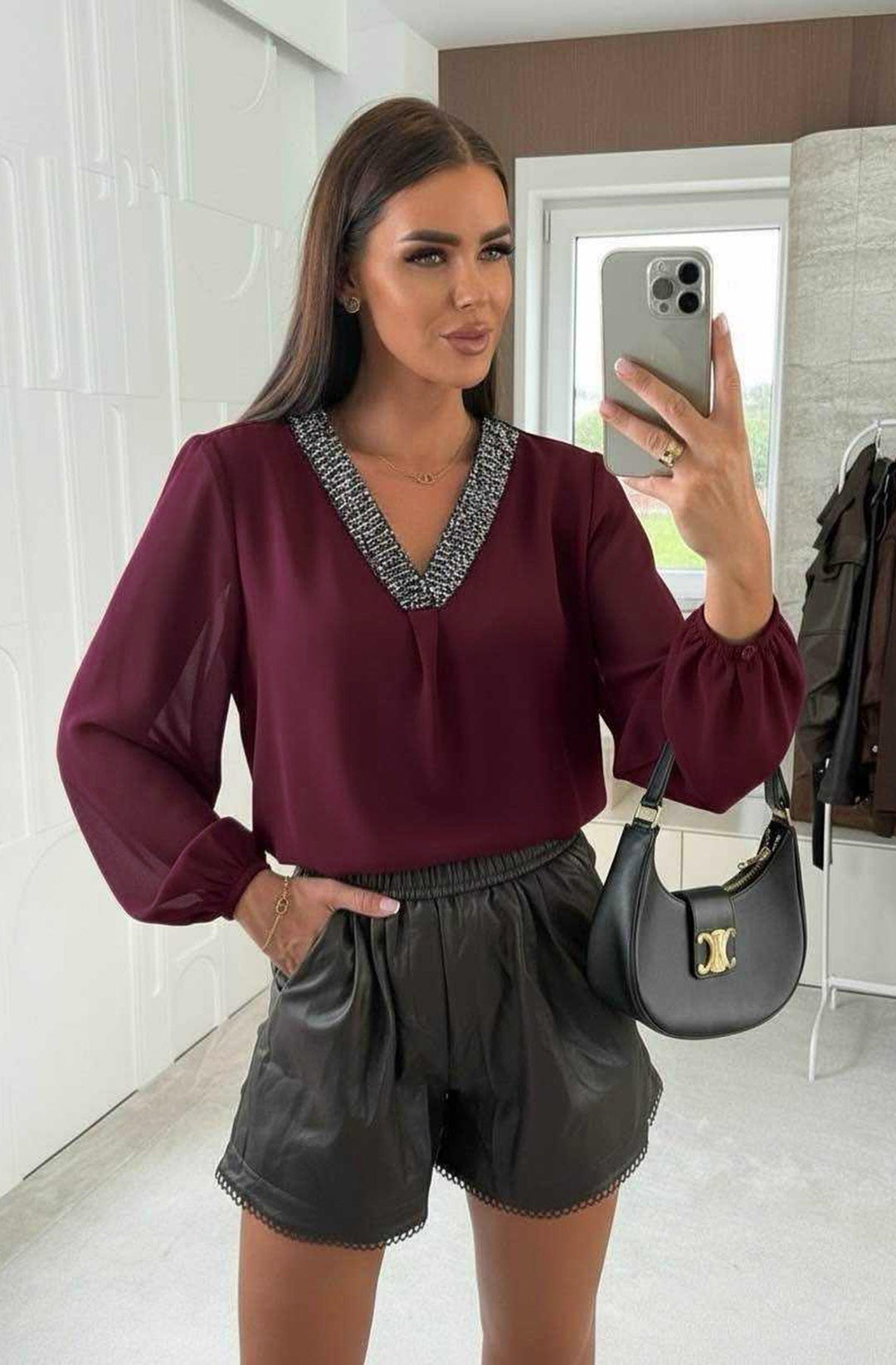 Suri Sequin V-Neck Blouse Shirt Top-Wine