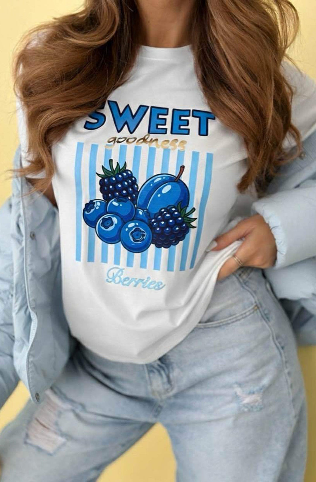 'Sweet Goodness Berries' Graphic Stripe T-Shirt Top-Ivory