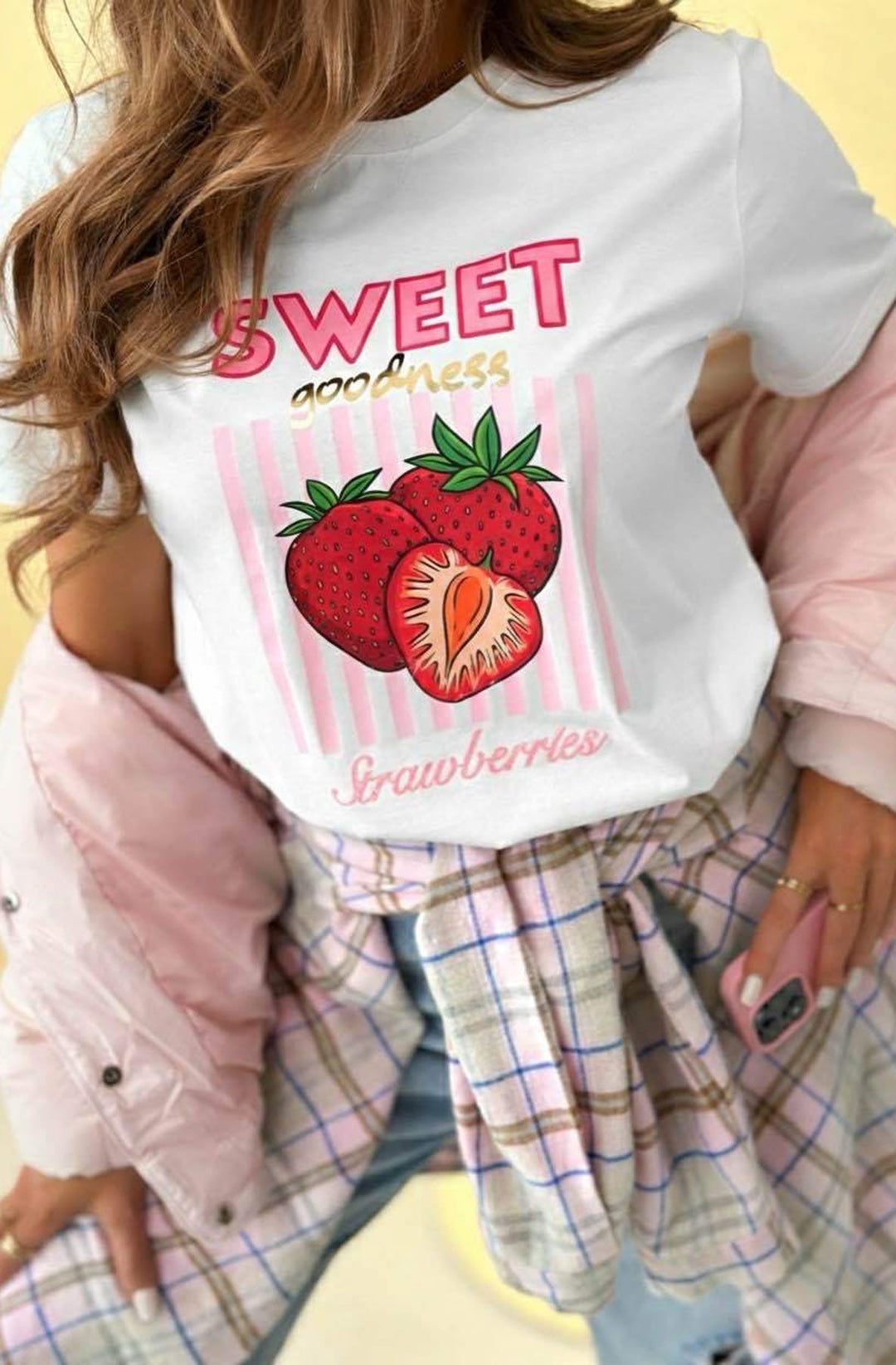 'Sweet Goodness Strawberrles' Graphic Stripe T-Shirt Top-Ivory