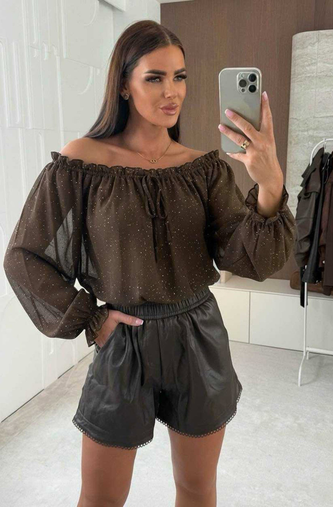 Tova Shimmer Off Shoulder Chiffon Blouse Top-Chocolate