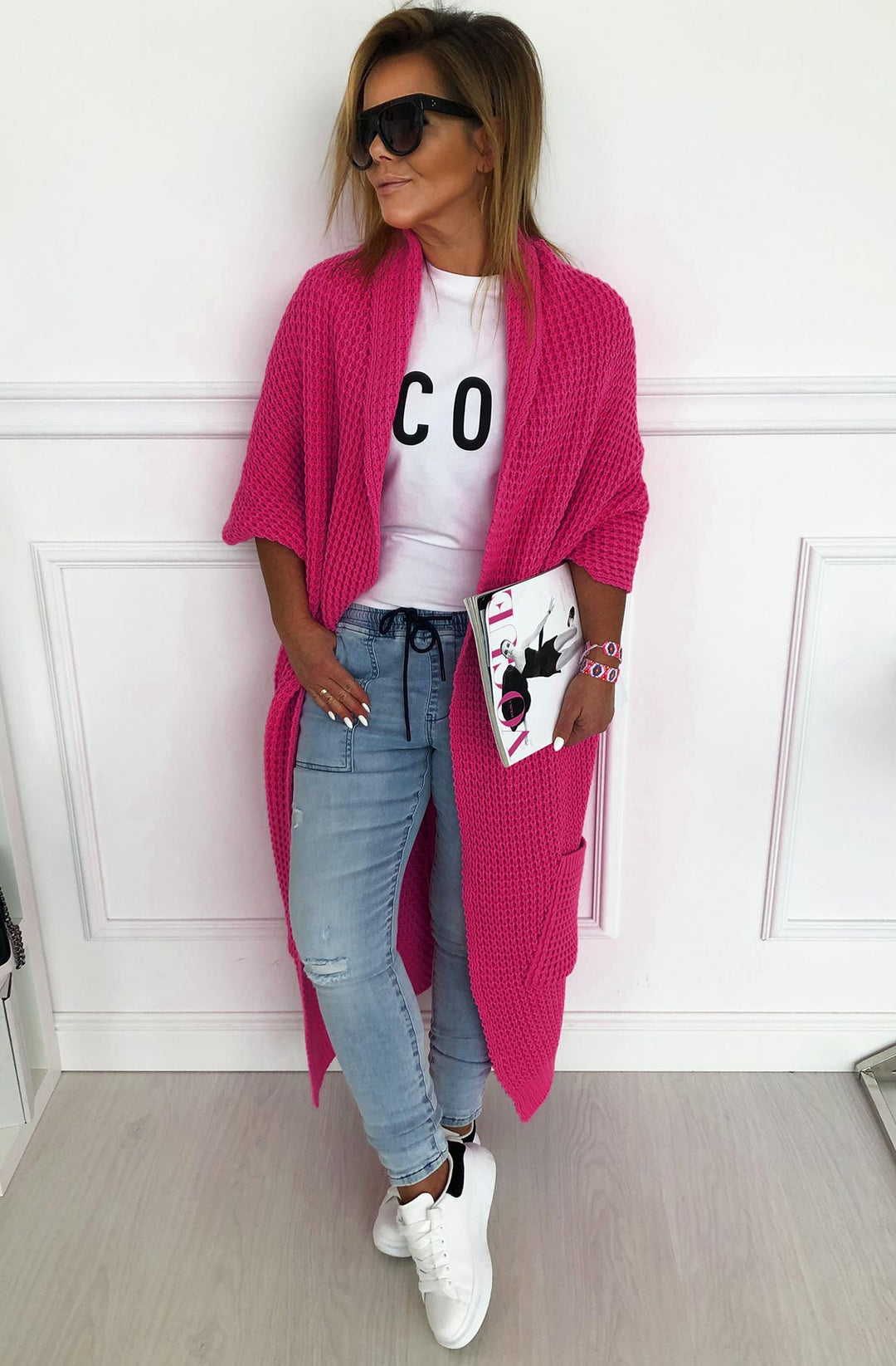 Trudie Longline Knitted Cardigan-Hot Pink