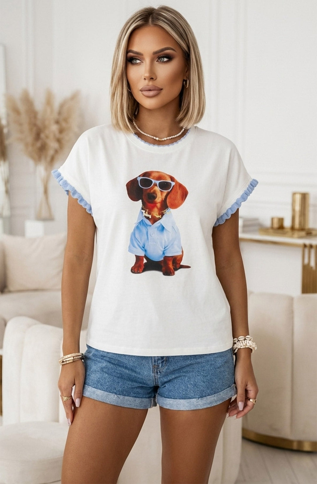 Yoshi 'Sunglasses Sausage Dog' Graphic Frill Sleeve T-Shirt Top-Blue