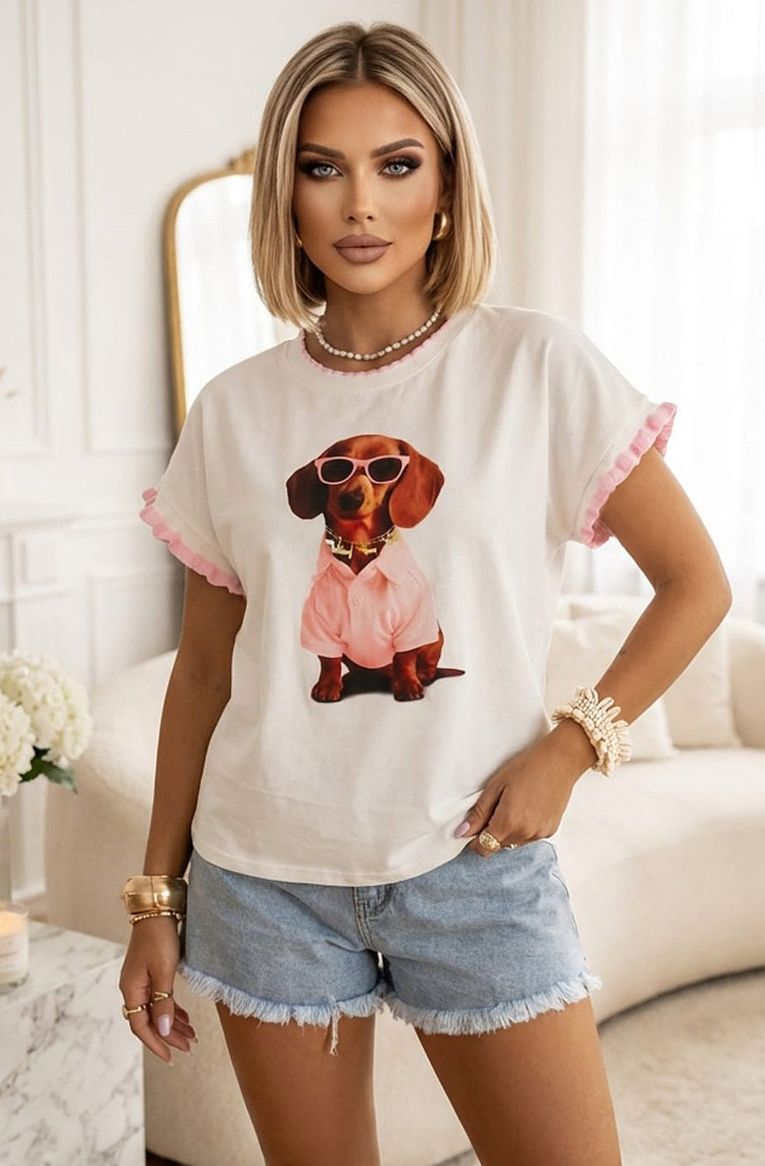 Yoshi 'Sunglasses Sausage Dog' Graphic Frill Sleeve T-Shirt Top-Pink
