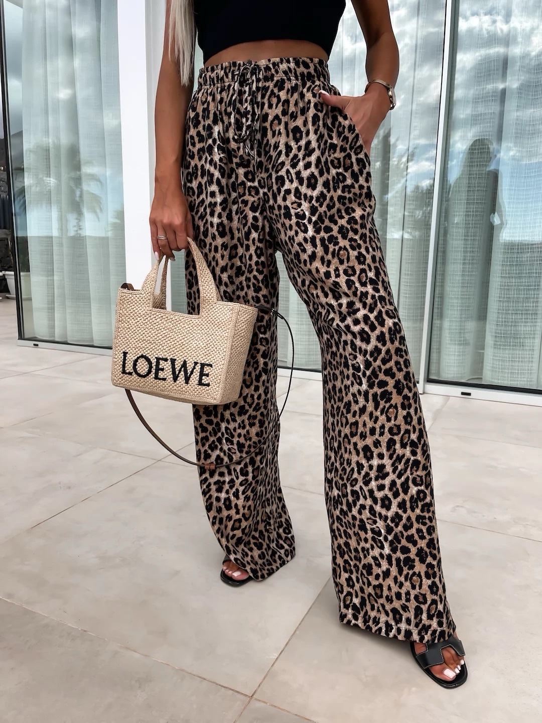 Veloria Wide-Leg Drawstring Trousers-Leopard