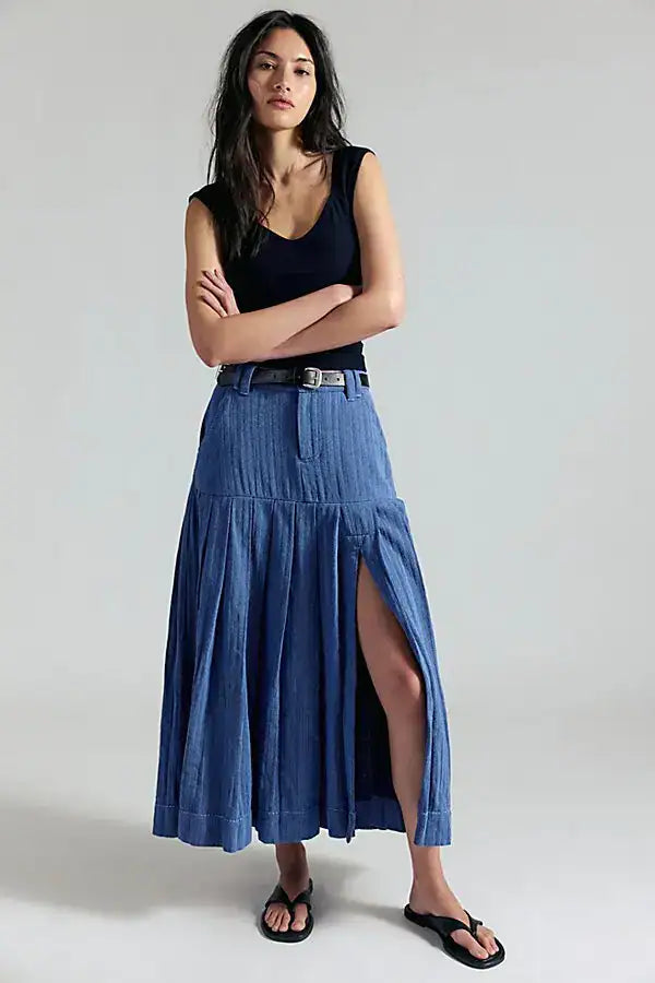 Free People 53rd Street Midi Maxi Skirt Denim Cotton Blue Boho