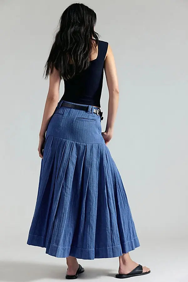 Free People 53rd Street Midi Maxi Skirt Denim Cotton Blue Boho