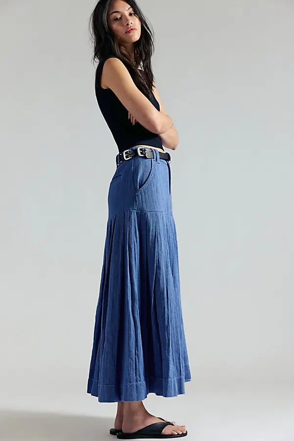 Free People 53rd Street Midi Maxi Skirt Denim Cotton Blue Boho