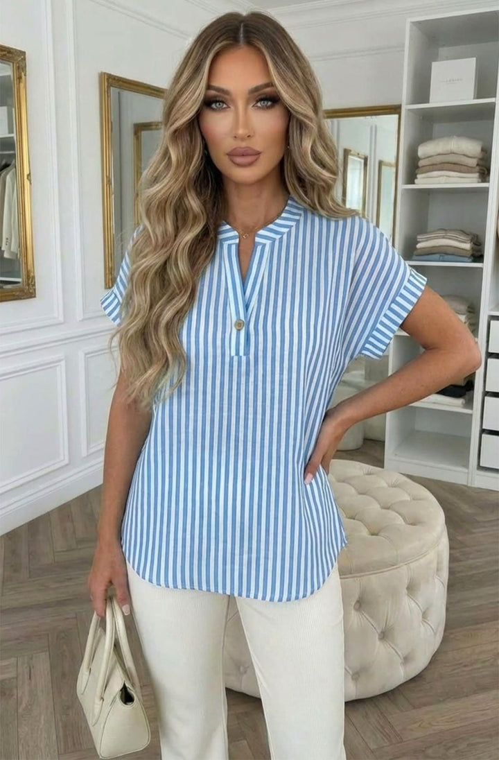 Alana Stripe Linen Look V-Neck Single Button Blouse Top-Sky Blue