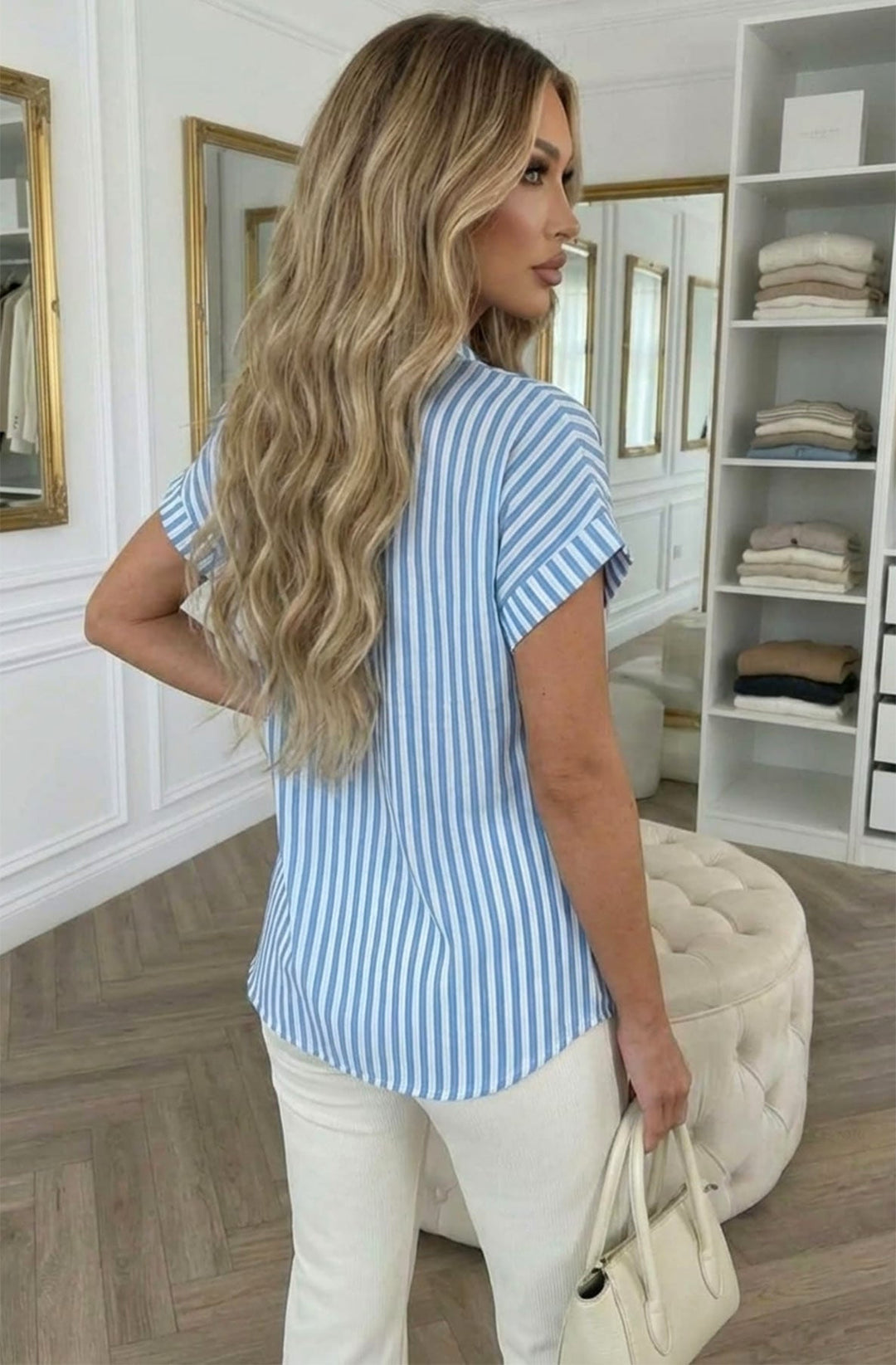 Alana Stripe Linen Look V-Neck Single Button Blouse Top-Sky Blue