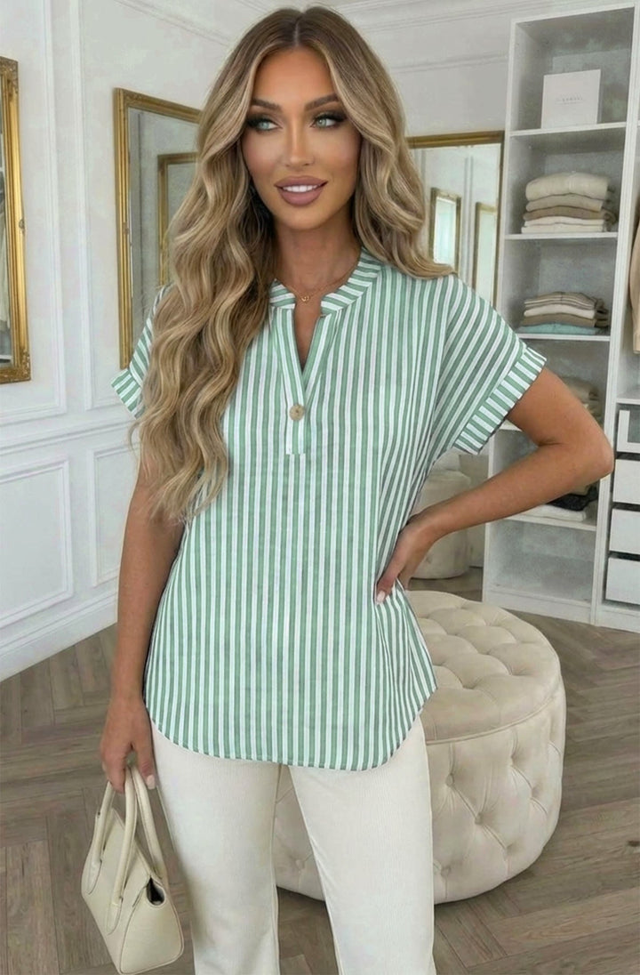 Alana Stripe Linen Look V-Neck Single Button Blouse Top-Mint