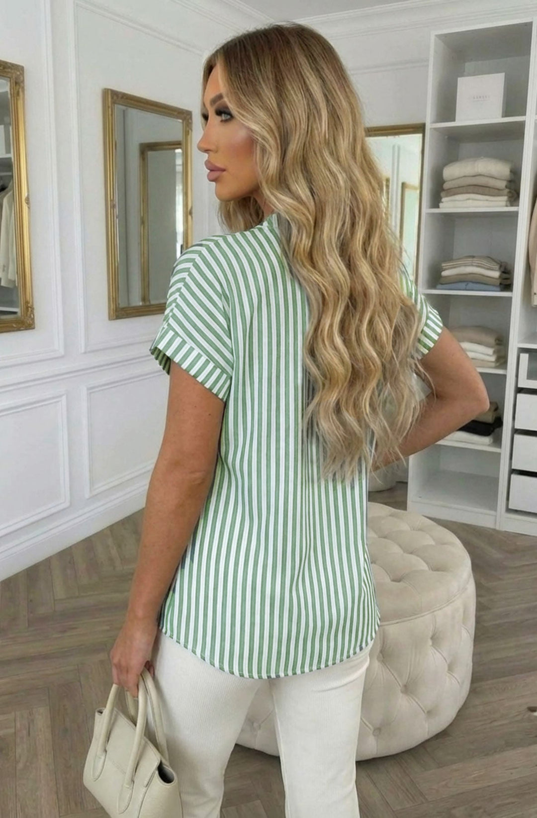 Alana Stripe Linen Look V-Neck Single Button Blouse Top-Mint