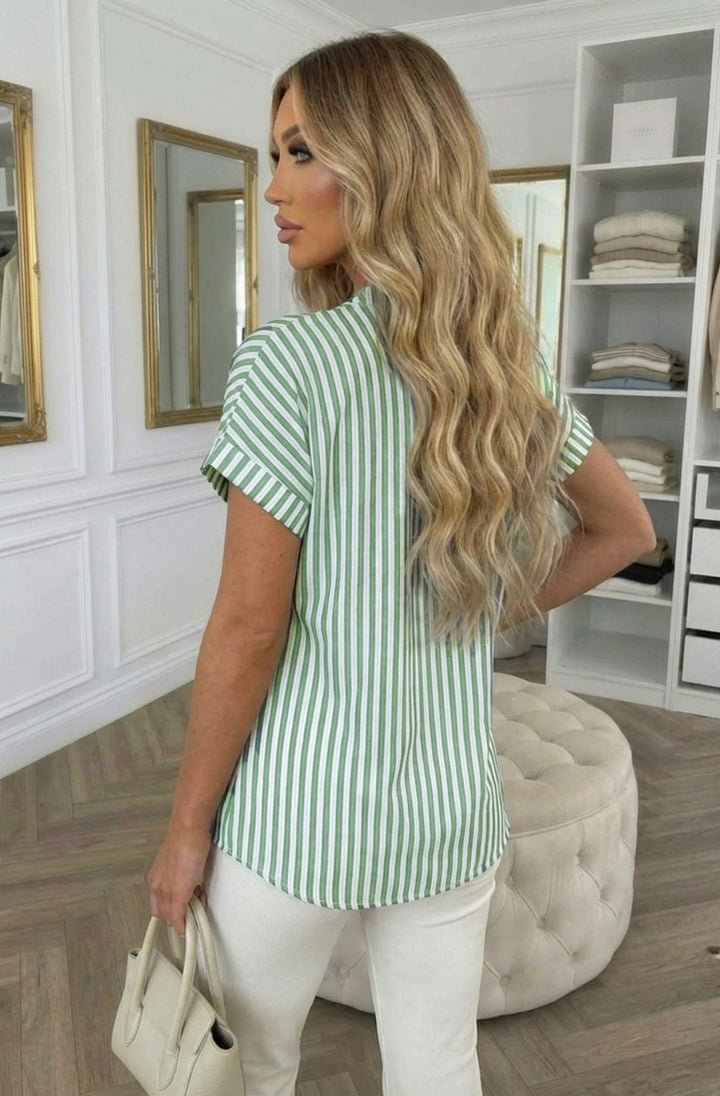 Alana Stripe Linen Look V-Neck Single Button Blouse Top-Mint