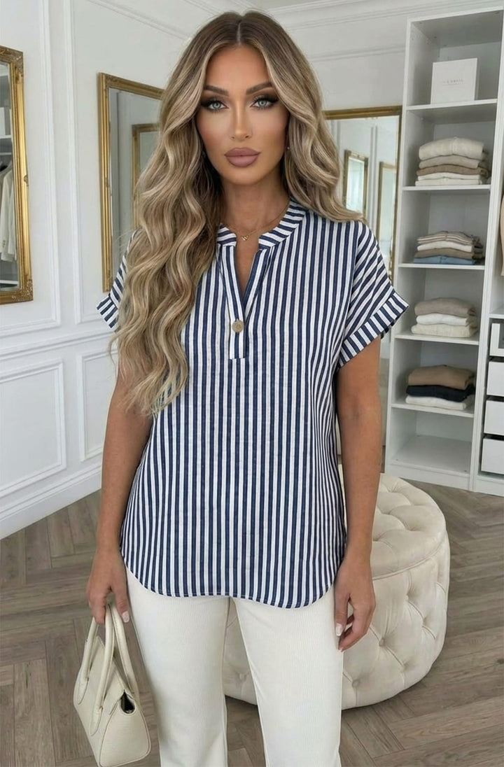 Alana Stripe Linen Look V-Neck Single Button Blouse Top-Navy