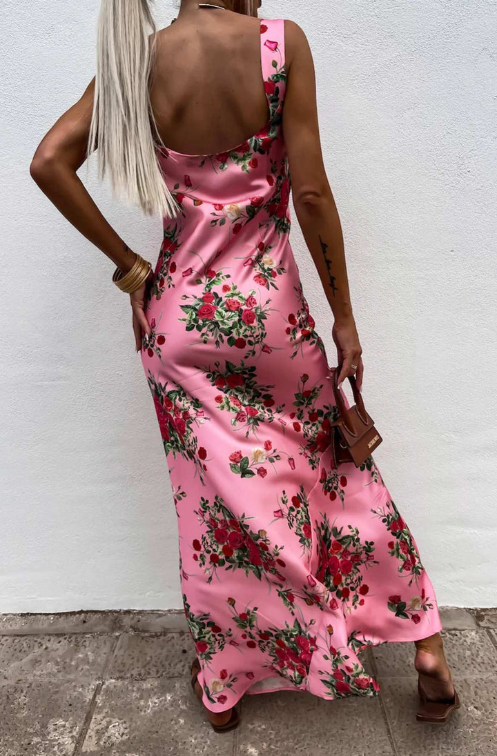 Alania Satin Floral Maxi Dress-Pink