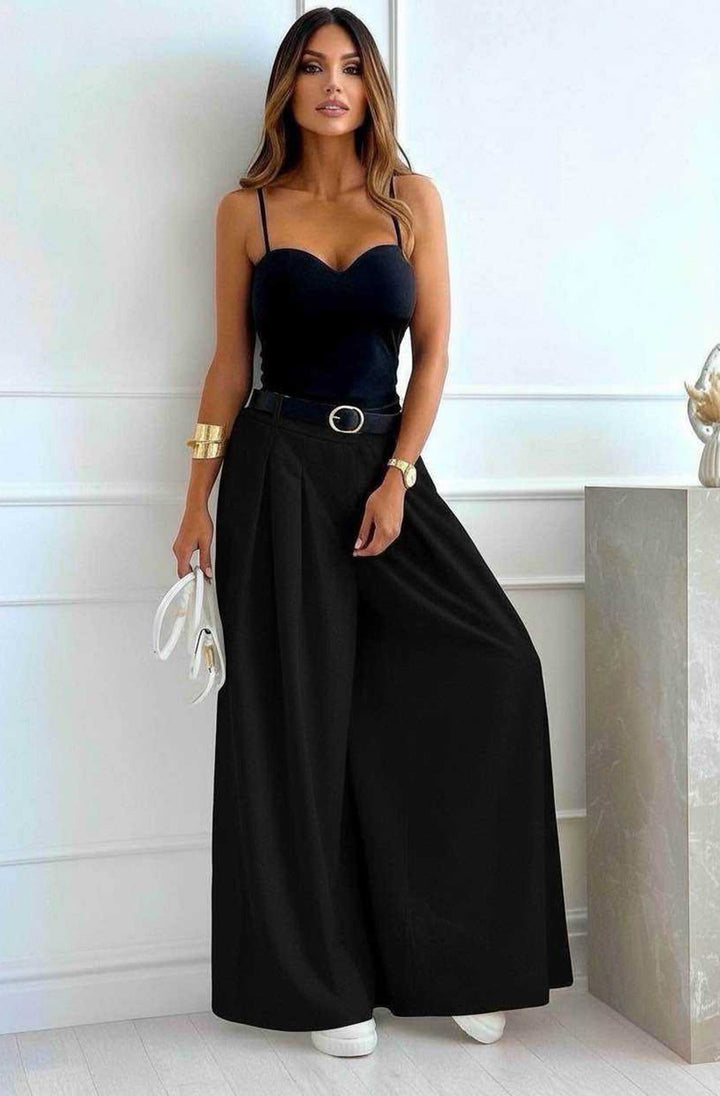 Alessia Palazzo Wide Leg Belted Trousers-Black