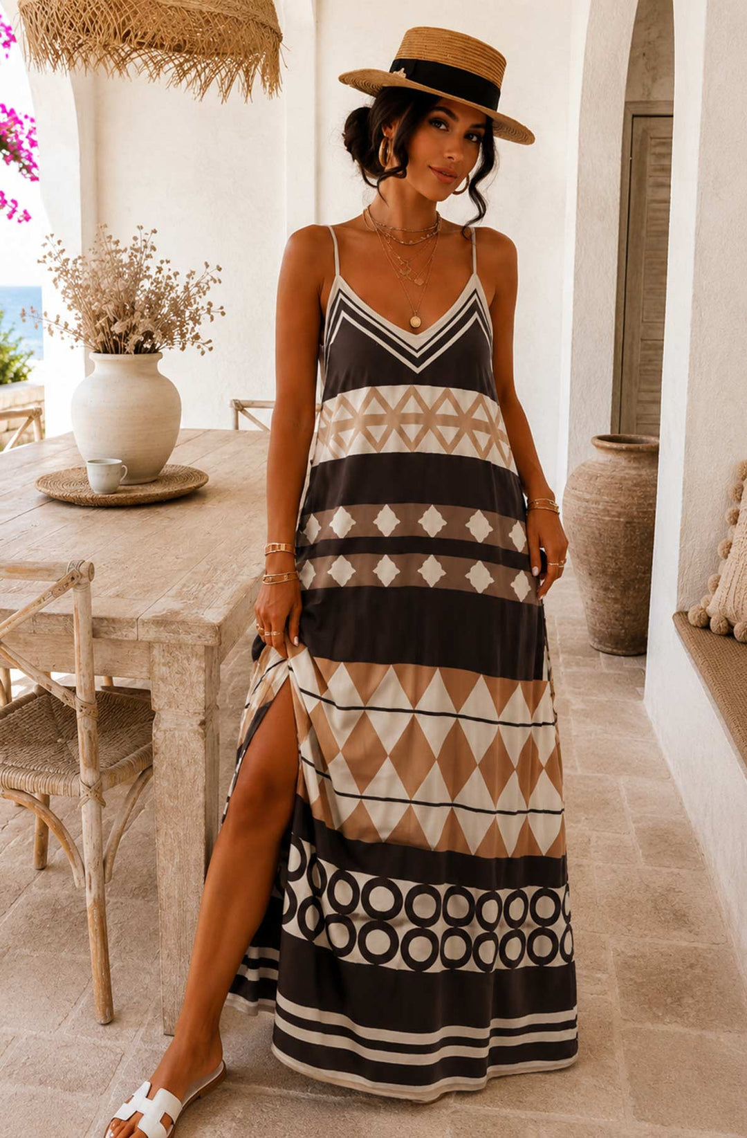 Alessia Geo Print Satin V-Neck Cami Maxi Dress-Brown